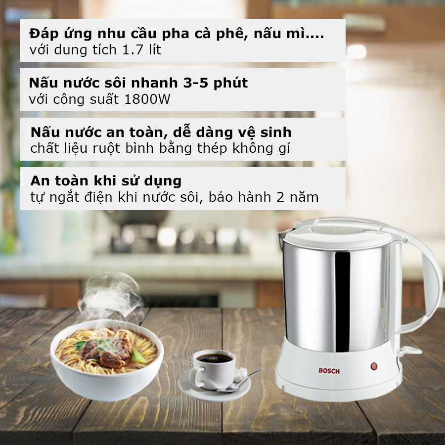 Bình (Ấm) Đun Siêu Tốc Bosch TWK1201N (1.7L) Cao Cấp, Thương hiệu Đức Chính Hãng, Vỏ Bình Chất Liệu Thép Không Gỉ, Màu Trắng Bạc.