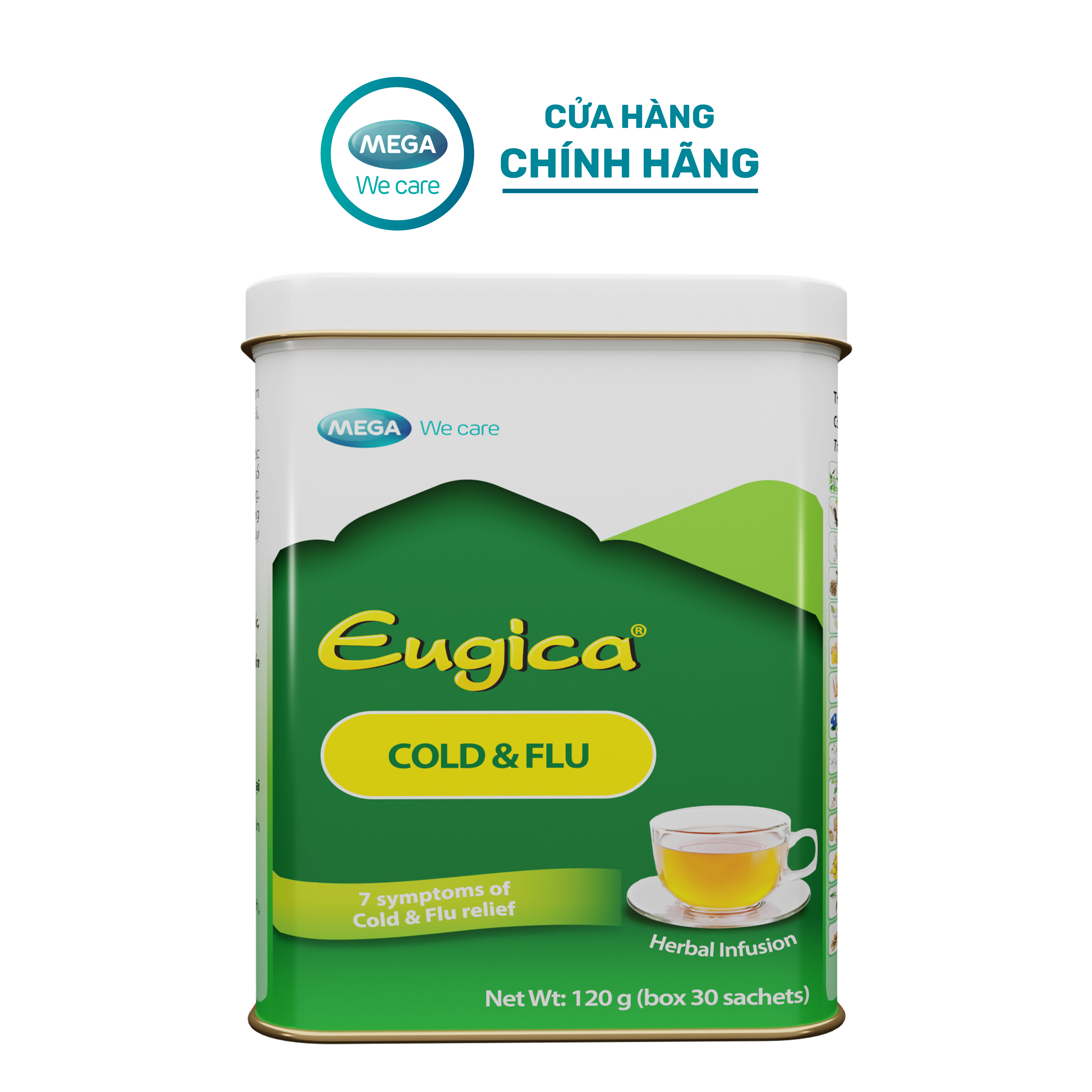 Tinh chất thảo dược phòng ngừa, giảm cảm cúm: chảy mũi, hắt hơi, đau họng, đau đầu - EUGICA COLD &amp; FLU hộp 30 gói