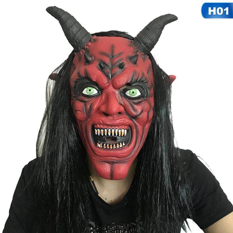 Mặt nạ đỏ 2 sừng kèm bộ tóc đen dài dùng trong hóa trang halloween,trung thu,sự kiện,lễ hội độc đáo
