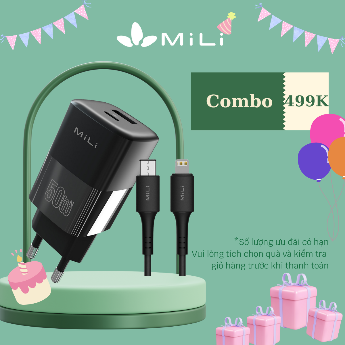 Combo sạc nhanh MiLi PD 50W GaN - HC-H48 và Cáp C to Li MiLi - HI-L70 - Hàng chính hãng