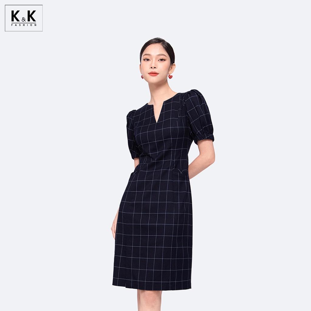 Đầm Chữ A Họa Tiết Caro Cổ V K&amp;K Fashion KK115-01 Chất Liệu Mango