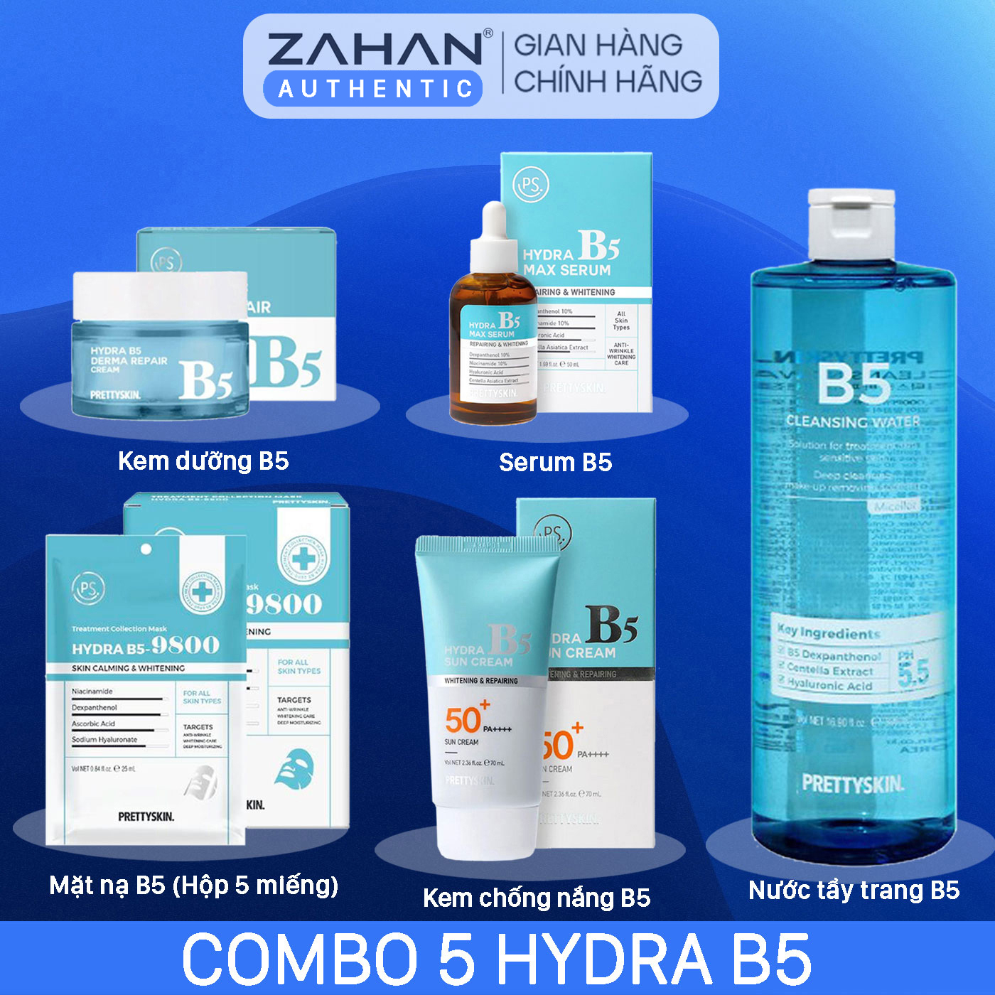 Combo Hydra B5 gồm Serum B5, kem chống nắng B5, Kem dưỡng B5, nước tẩy trang B5, mặt nạ B5 Prettyskin