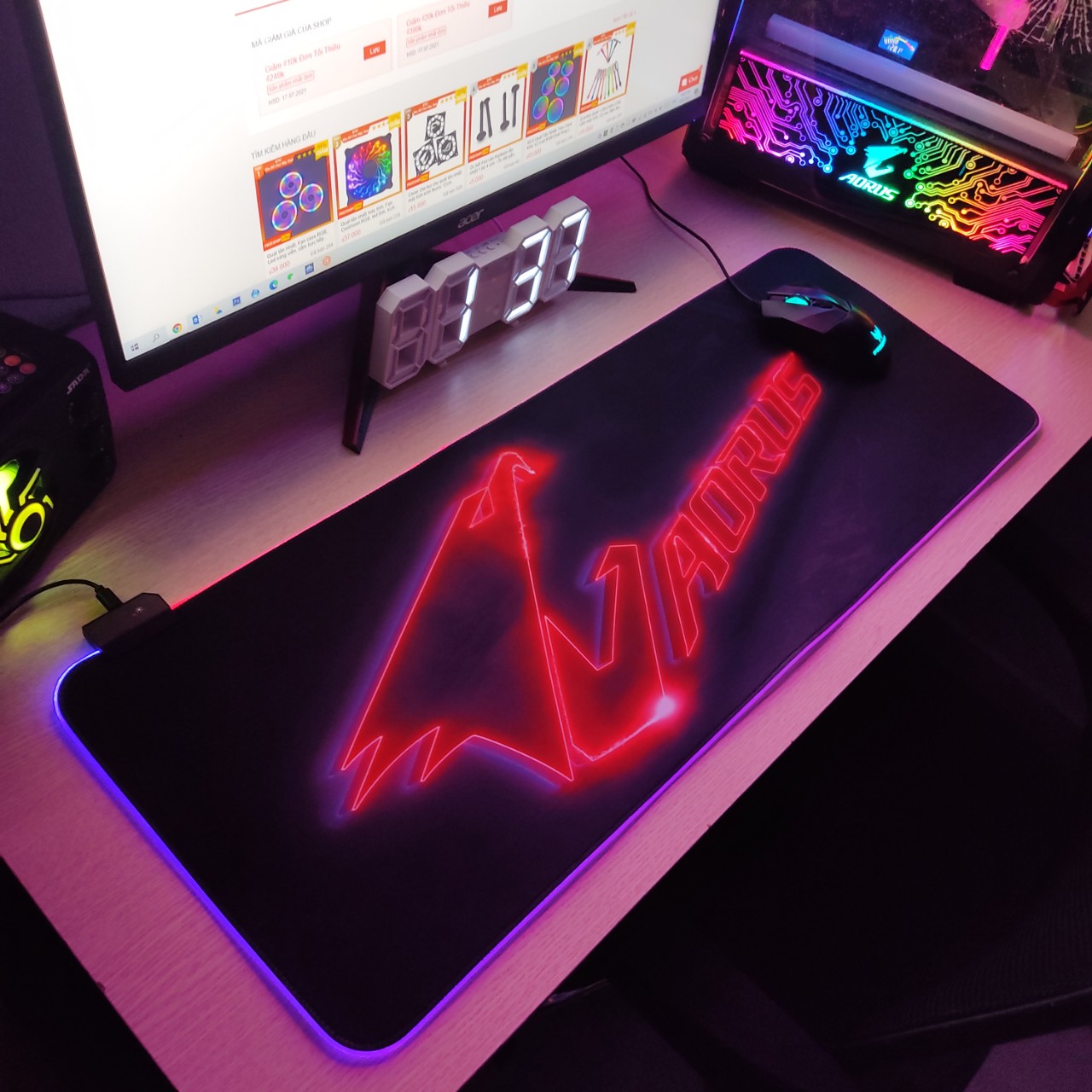 Mouse Pad, bàn di chuột, lót di chuột tích hợp Led RGB Aorus Version 2 sáng viền, kích thước 80cm x 30cm dày 4mm - Hàng nhập khẩu