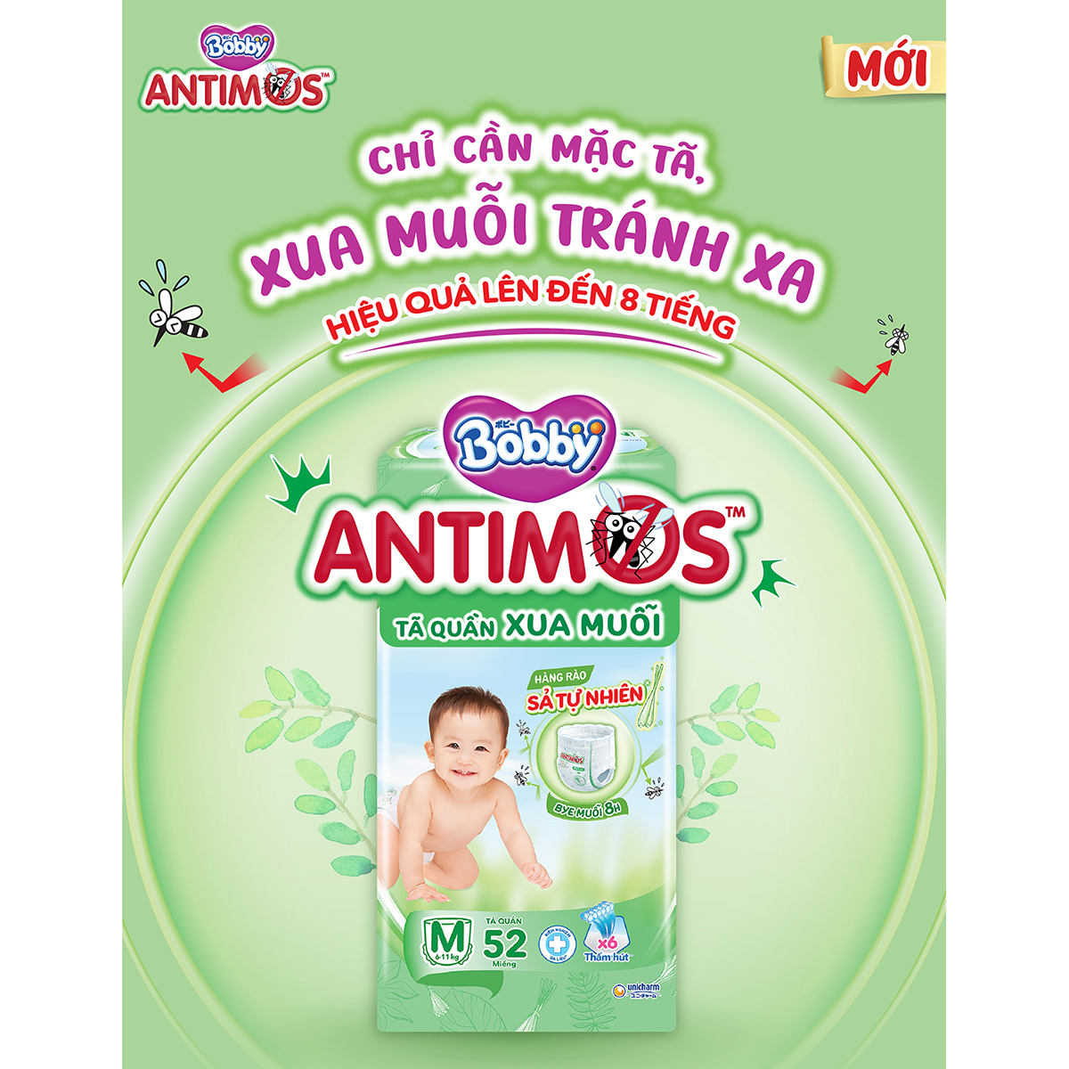 [TẶNG KÈM 4 MIẾNG] Tã Quần Xua Muỗi Bobby Antimos – Hàng rào Sả tự nhiên Bye Muỗi 8H - Size XL 48 miếng