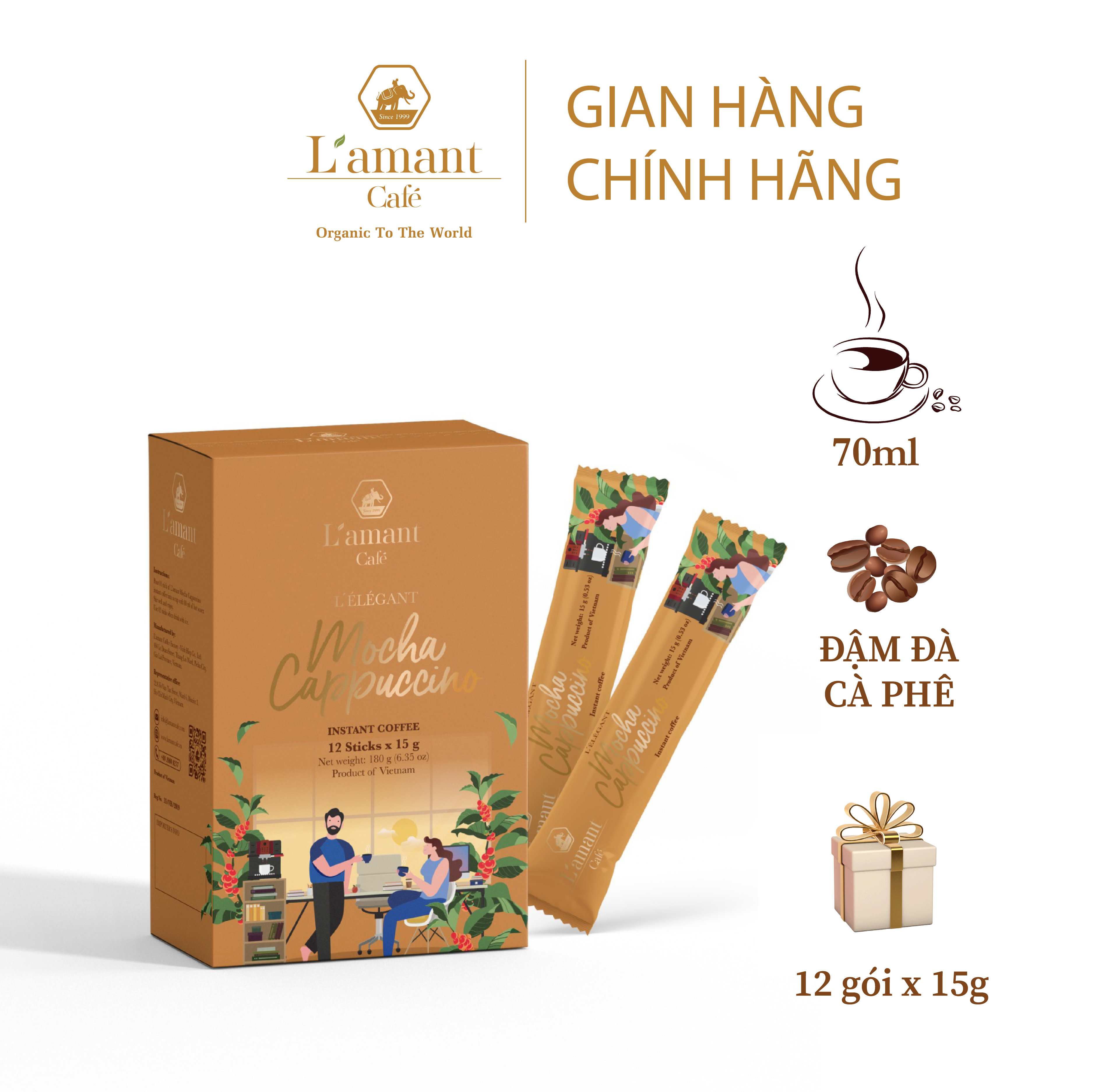 Cà phê hòa tan L'amant Cappucino vị Mocha thơm ngon (Hộp 12 gói x 15gr)