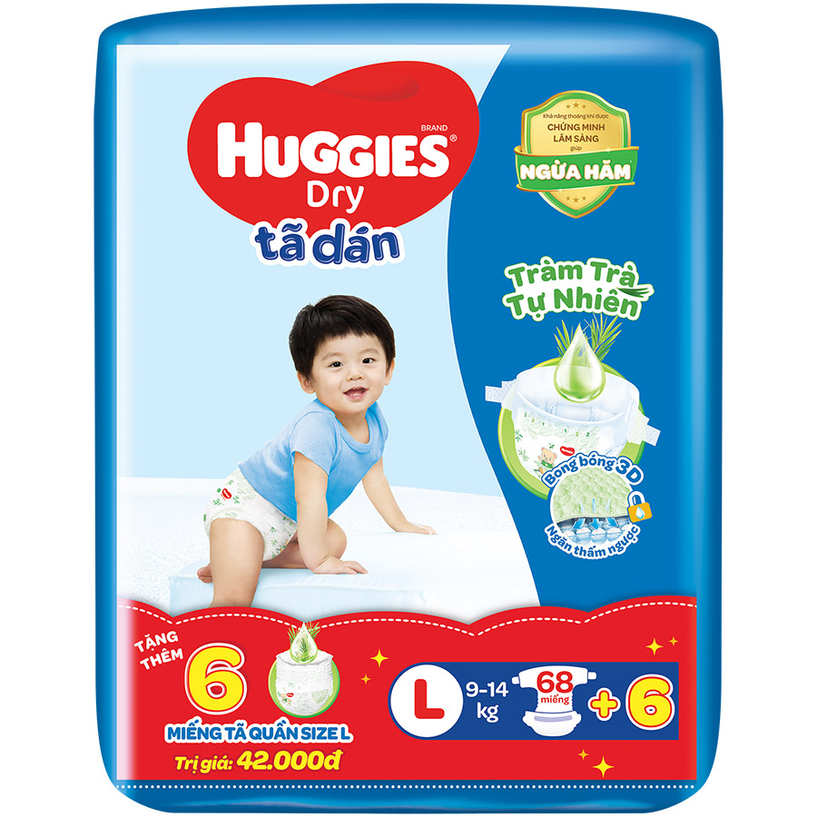 Tã dán HUGGIES DRY SUPER JUMBO Tràm Trà - L68 (9 - 14kg) + Tặng 6 miếng