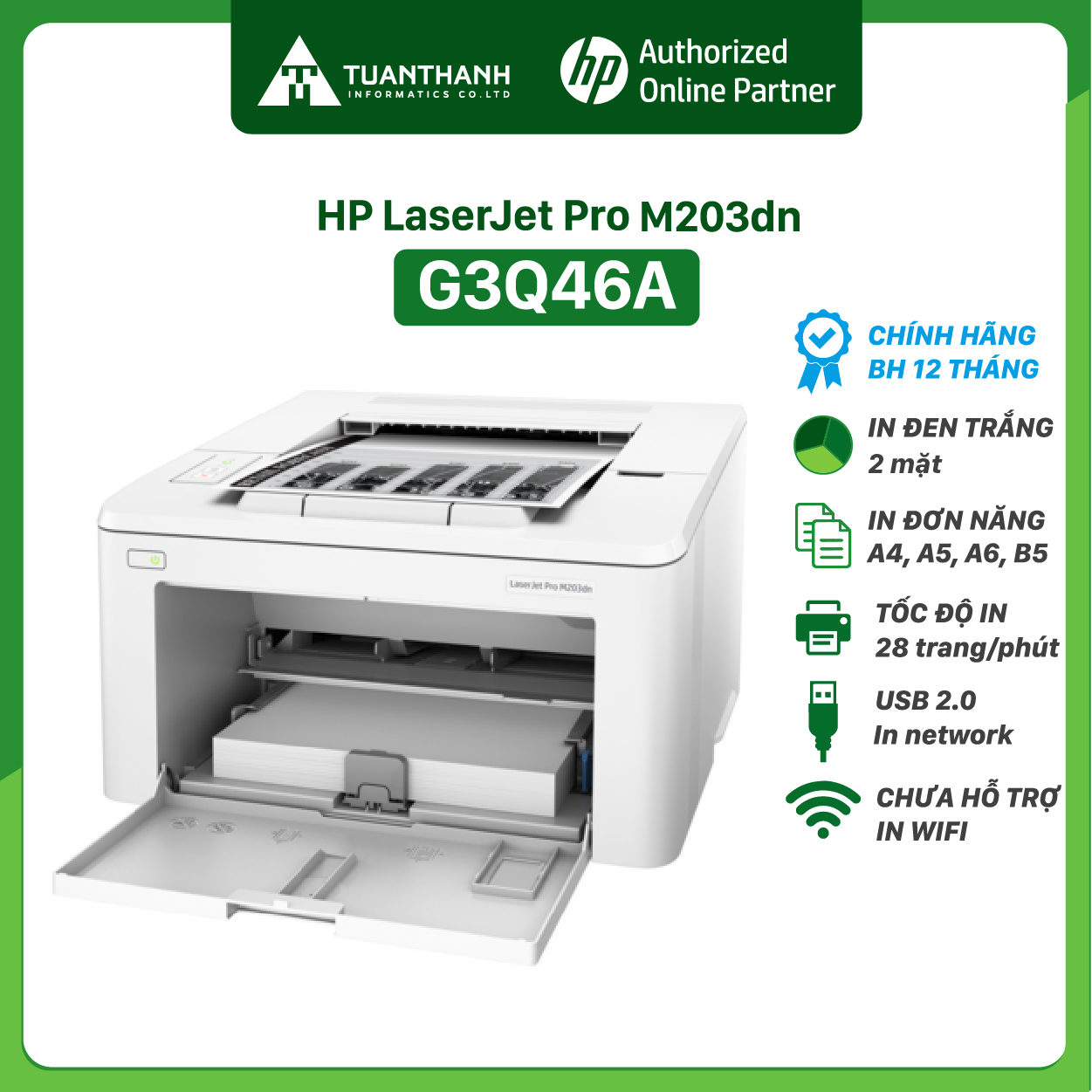 Máy in HP LaserJet Pro M203dn ( G3Q50A ) In Đảo Mặt Tự Động, LAN - Hàng Chính Hãng