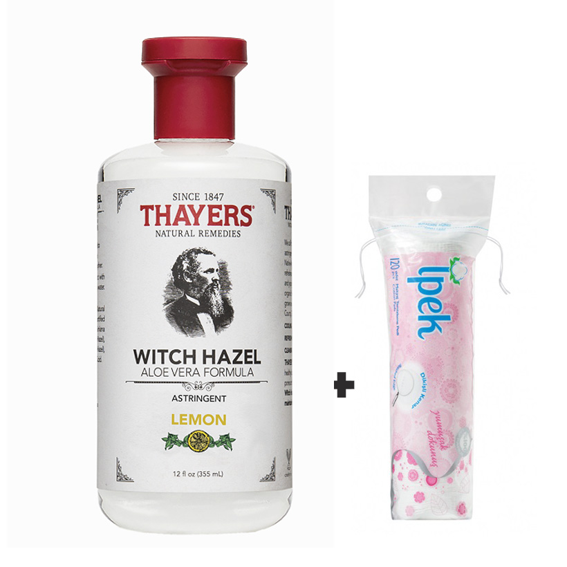 Nước hoa hồng hương chanh THAYERS Lemon Witch Hazel Astringent 355ml + Túi Bông Tẩy trang Ipek 80 miếng