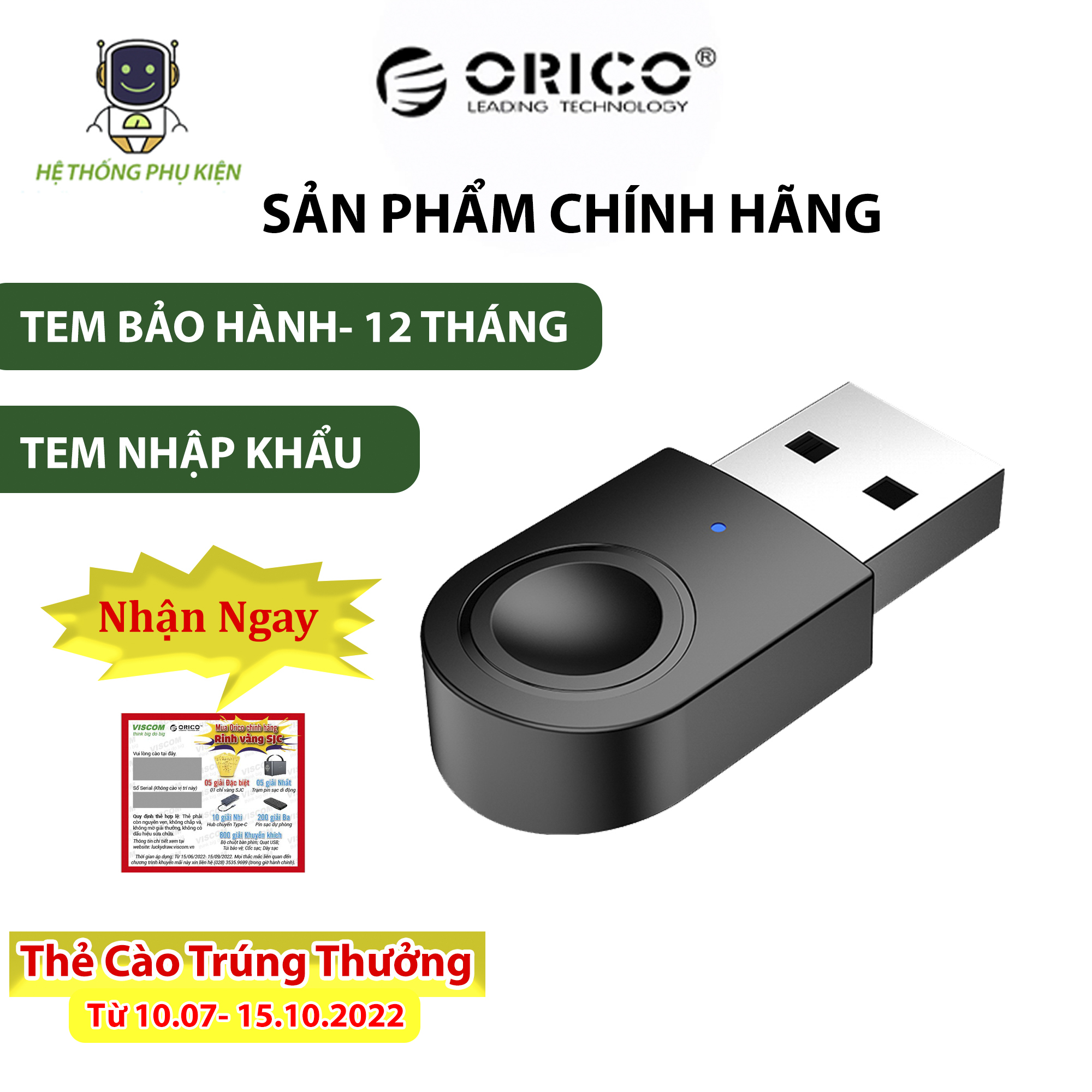 Thiết bị kết nối Bluetooth 5.0 qua USB ORICO BTA-608 Hàng Chính Hãng