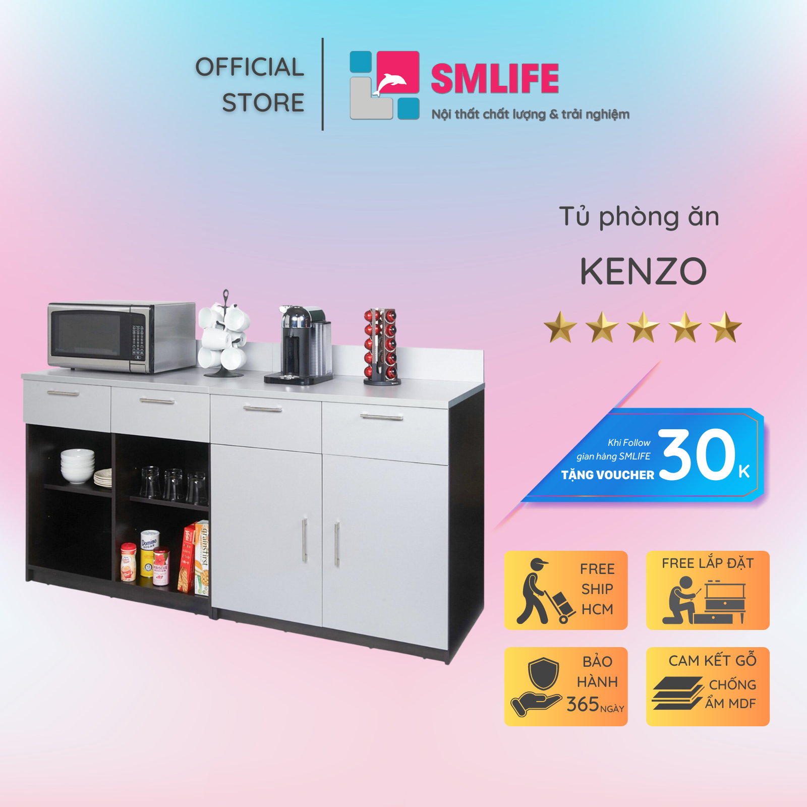 Kệ gỗ nhà bếp hiện đại SMLIFE Kenzo | Gỗ MDF dày 17mm chống ẩm | D180xR60xC137cm