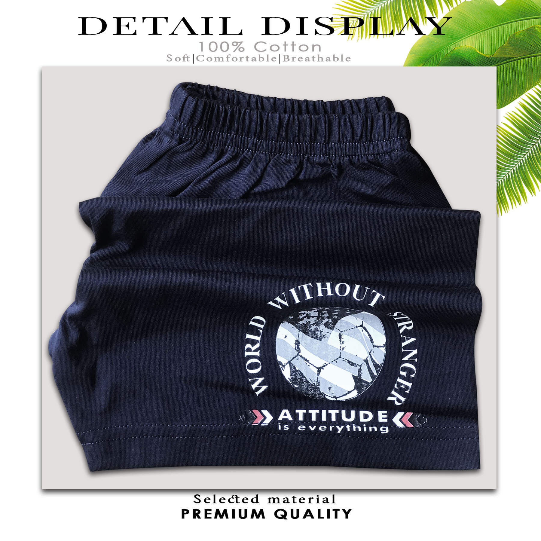 BỘ THUN BÉ TRAI CATRIO in bóng tròn ATTITUDE màu XANH NAVY là bộ đồ trẻ em từ 5 tuổi 20kg đến 18 tuổi 60kg gồm có QUẦN ĐÙI + ÁO SÁT NÁCH vải 100% cotton an toàn đạt chuẩn xuất khẩu thích hợp các bé trai mặc ở nhà, đi chơi rất thoáng mạt và hạnh phúc