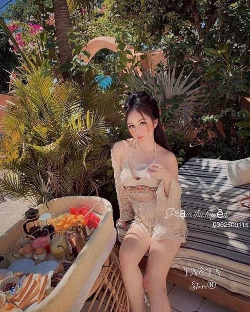Set 3 Món Đi Biển️ Set Bikini Kèm Choàng Ren Siu Hót- Hàng QC