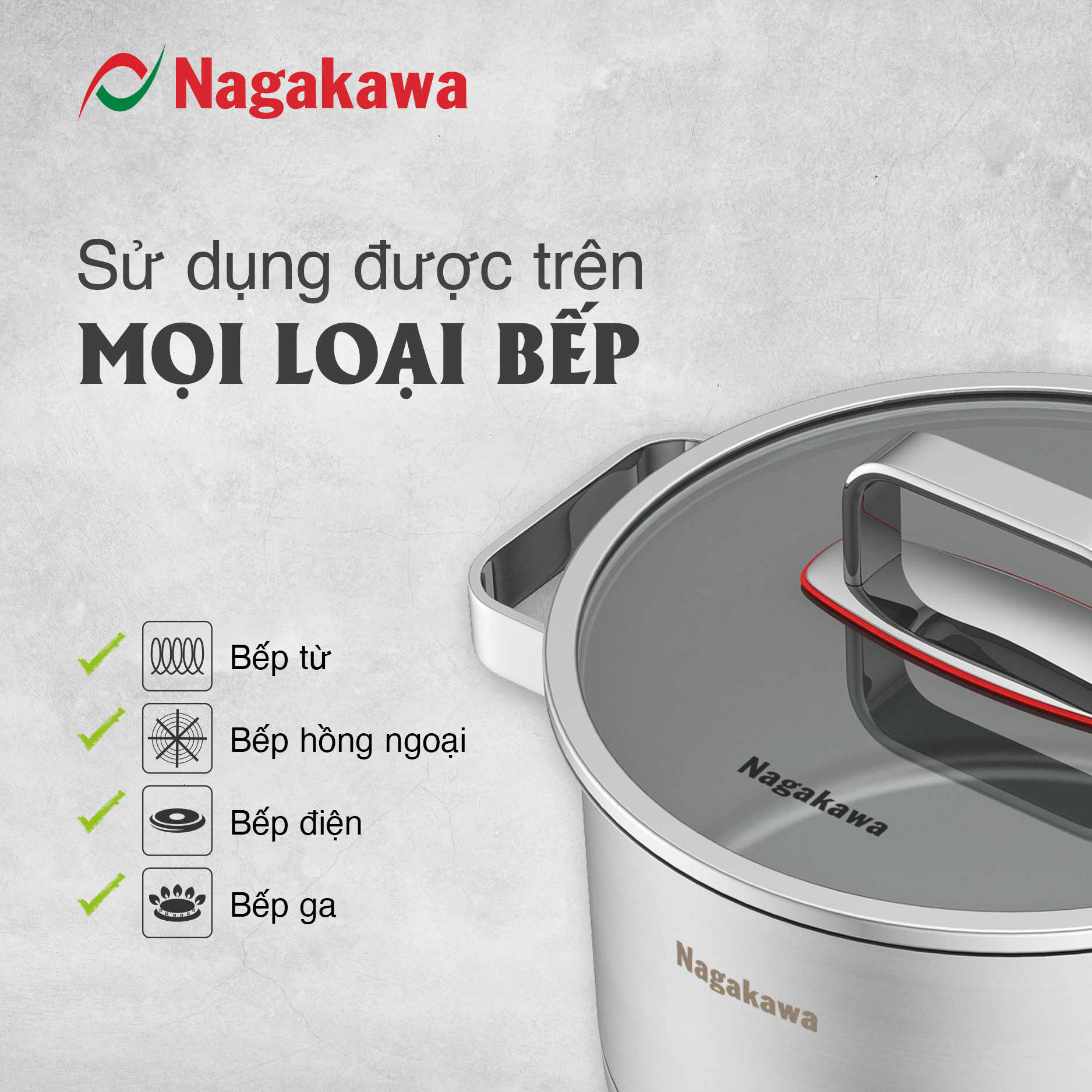 Bộ 3 nồi inox 304 đa lớp toàn phần Nagakawa Aki NAG1357 - Dùng trên mọi loại bếp - Hàng chính hãng