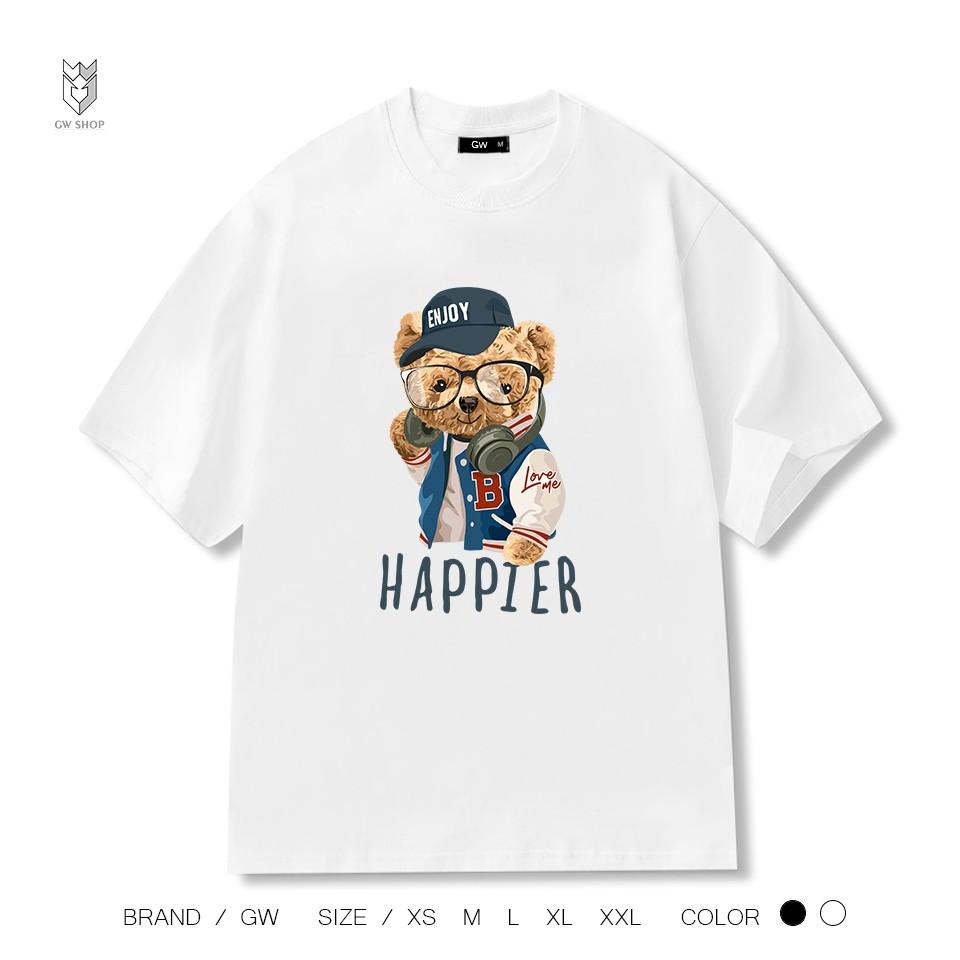 Áo Thun , áo tay lỡ áo unisex nam nữ Gấu HAPPIER, áo phông áo cộc chất Cotton đẹp co dãn 4 chiều - GW Shop