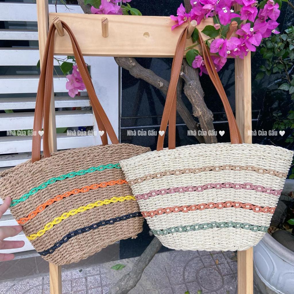 Sét túi cói phối màu dây da đẹp xỉu