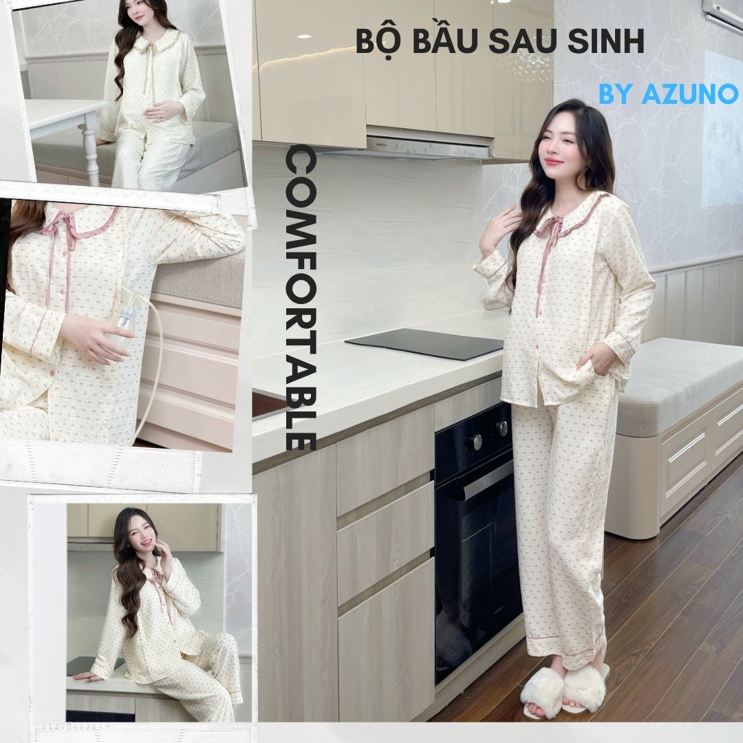 Bộ bầu mặc nhà và sau sinh đũi cao cấp mềm nhẹ mát áo có khóa dọc bé ti và quần chun chỉnh bụng