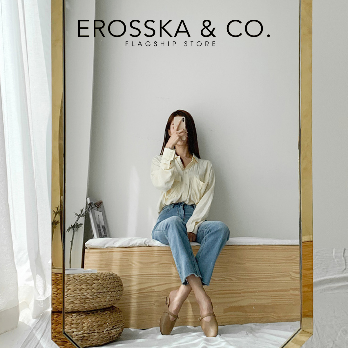 Erosska - Giày sục nữ mũi tròn phối dây phong cách thanh lịch EL022