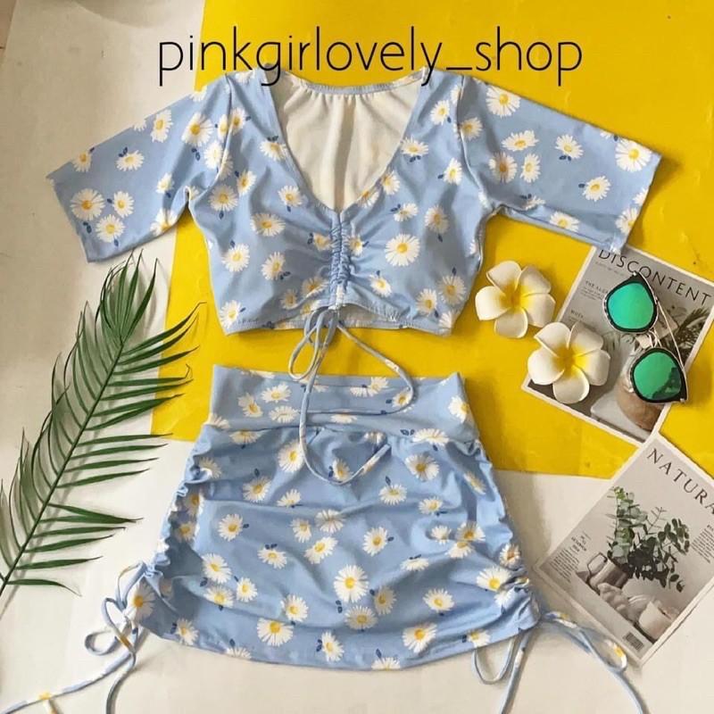 Bikini 2 mảnh dây rút ngực quần váy hoạ tiết hoa nhí siêu dễ thương
