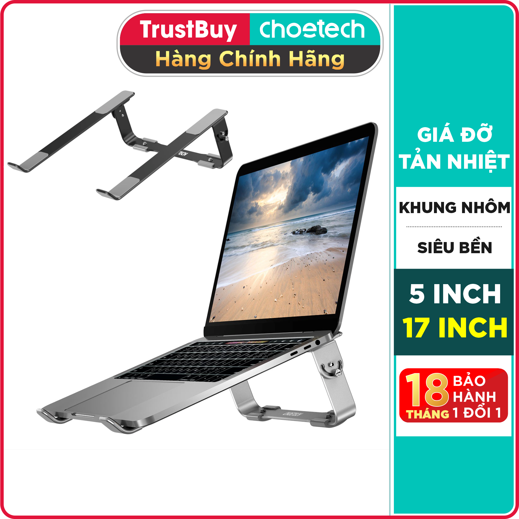 Giá Đỡ Tản Nhiệt Dành Cho Macbook, Laptop Từ 9 Đến 17 Inch Khung Nhôm Cao Cấp CHOETECH H033 - Hàng Chính Hãng