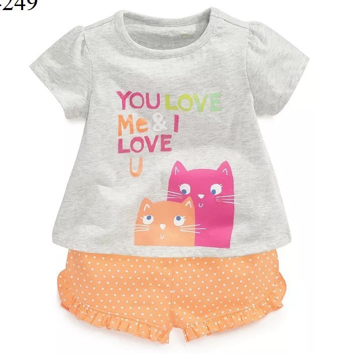 Bộ đồ bé gái cotton/ set trang phục hè bé gái  áo mèo  dễ thương phối quần cam bi 2-7t