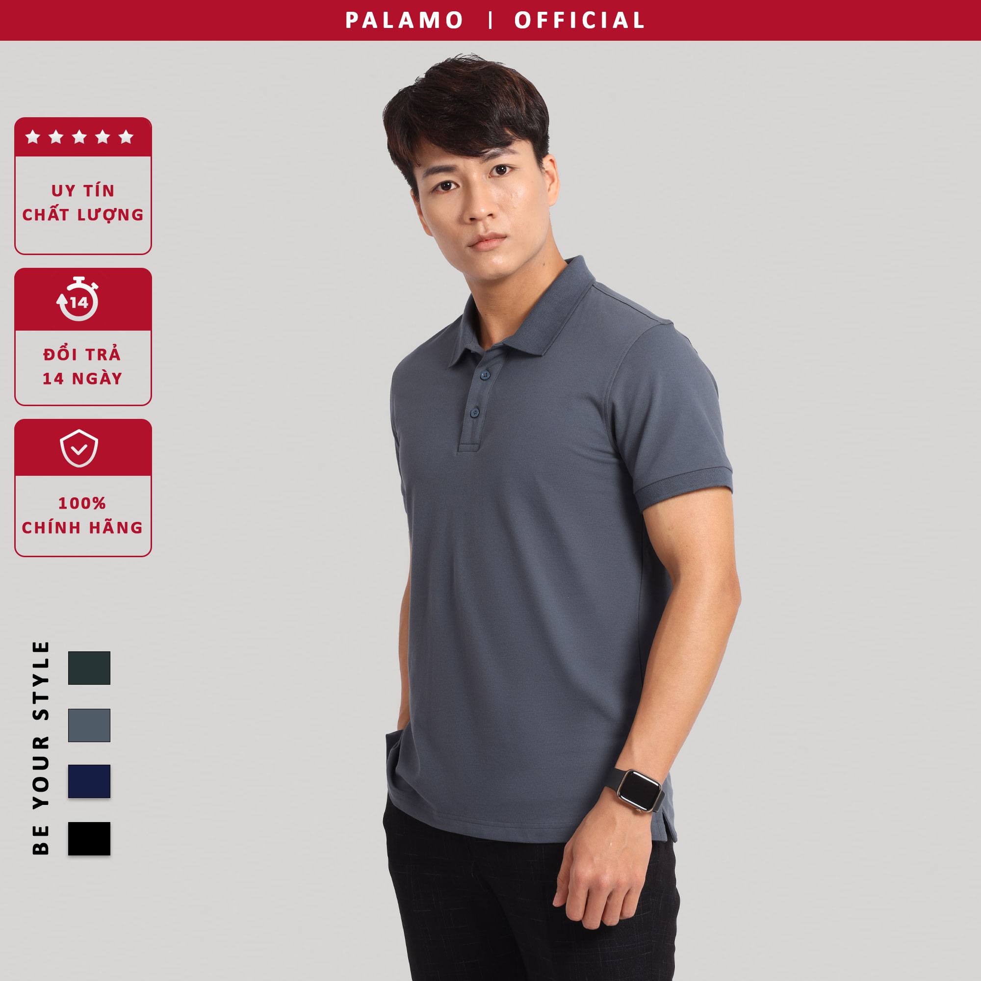 Áo phông polo nam Palamo classic, regular fit, cotton spandex / màu xanh rêu