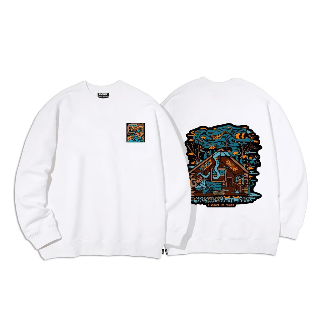 Áo sweater nam nữ local brand NIGUST Escape at Night N208 chất liệu nỉ da cá form rộng màu đen trắng Fullbox