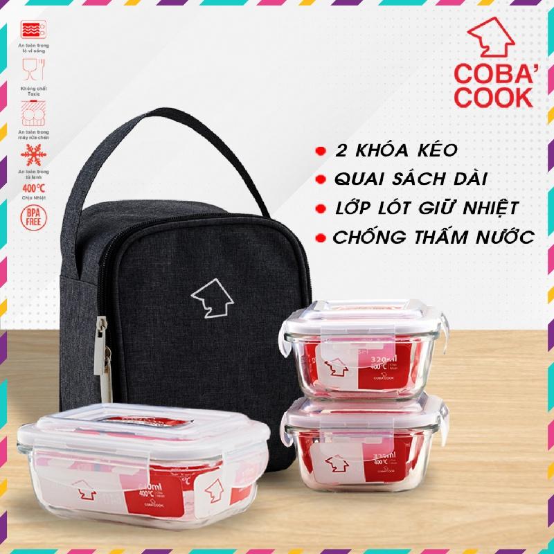 Bộ hộp cơm giữ nhiệt thủy tinh hộp trữ thức ăn COBA'COOK 2 hộp 320ml và1 hộp 640ml 1 túi giữ nhiệt- CCL6S33BS