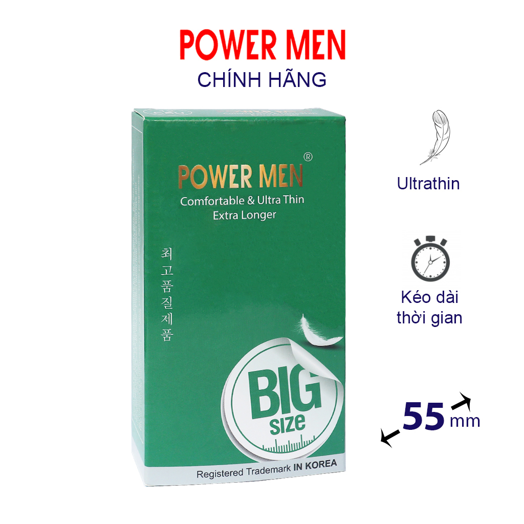 Bao cao su POWER MEN Hộp 12 bcs siêu mỏng, kéo dài thời gian, size lớn 55mm