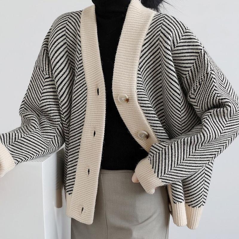 MS440 Áo khoác cardigan len kẻ zigzag