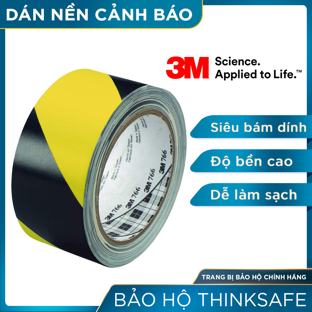 Băng keo cảnh báo dán nền 3M 766 màu vàng sọc đen chuyên dùng dán nền cảnh báo cho nhà xưởng tủ điện (50mmX32.9) 