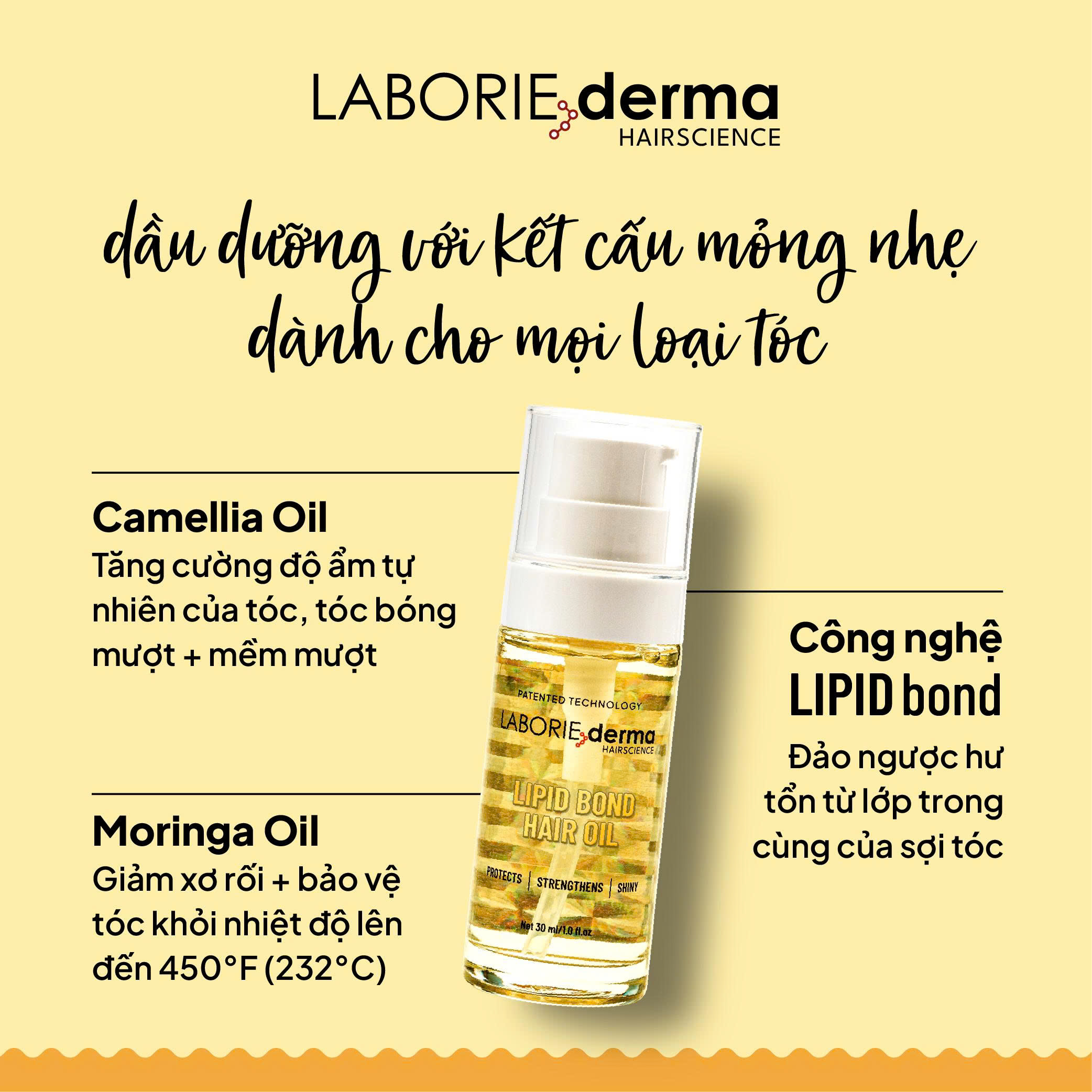 Dầu dưỡng bảo vệ tóc, giúp tóc bóng mượt và chắc khỏe LABORIE derma Lipid Bond Hair Oil - 30ml