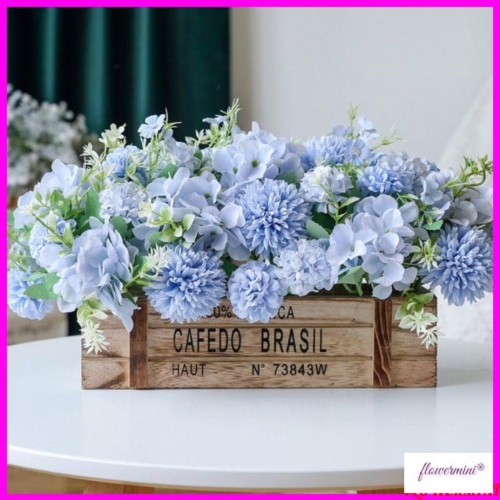 Hoa lụa, giỏ hoa bồ công anh mix cẩm tú cầu màu cực tây decor kệ tủ, phòng khách, văn phòng làm việc GH-12