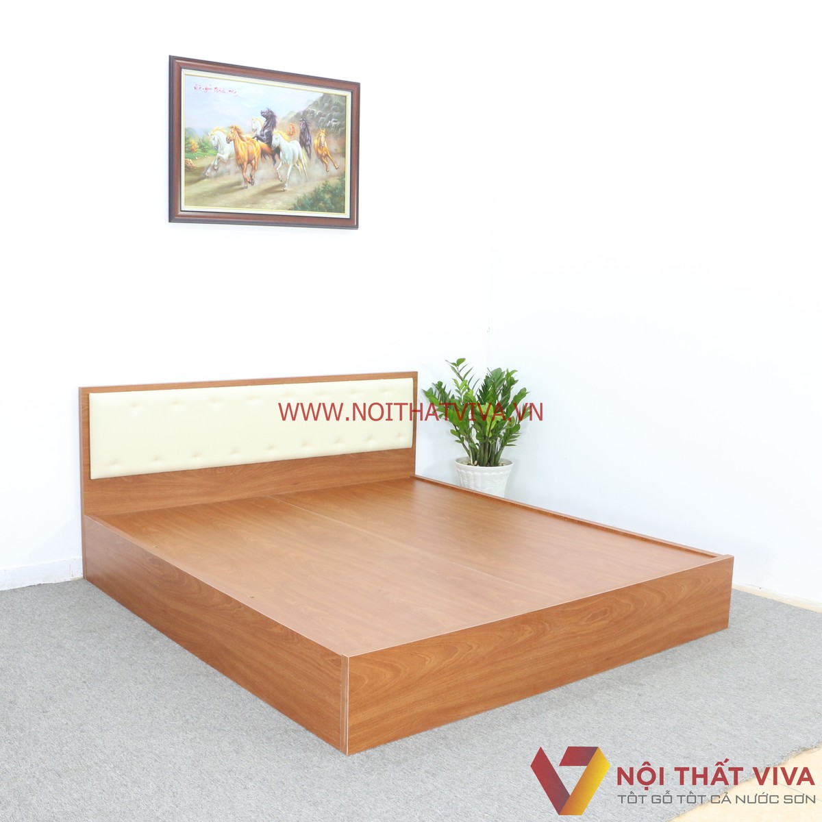 Giường Ngủ Gỗ MDF Melamine Màu Xoan Đào Có Đầu Nệm Kem Đẹp