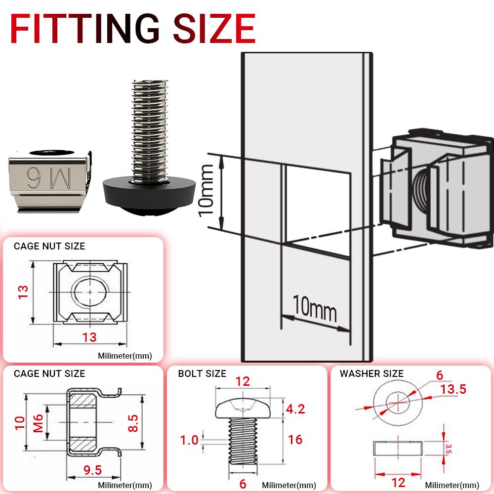 AMPCOM M6 x 16mm Đai ốc lồng lồng giá đỡ, vít và vòng đệm cho tủ máy chủ gắn giá đỡ, kệ máy chủ gắn giá đỡ, bộ định tuyến