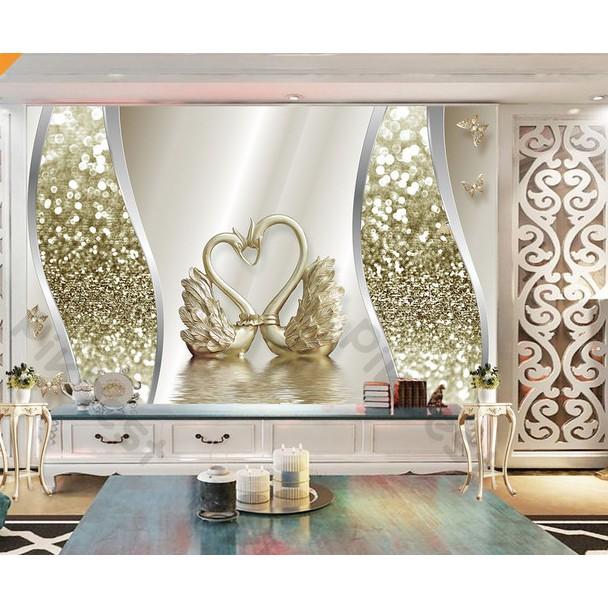 Tranh dán tường Đôi thiên nga phú quí thịnh vượng, tranh dán tường 3d hiện đại MS1077688