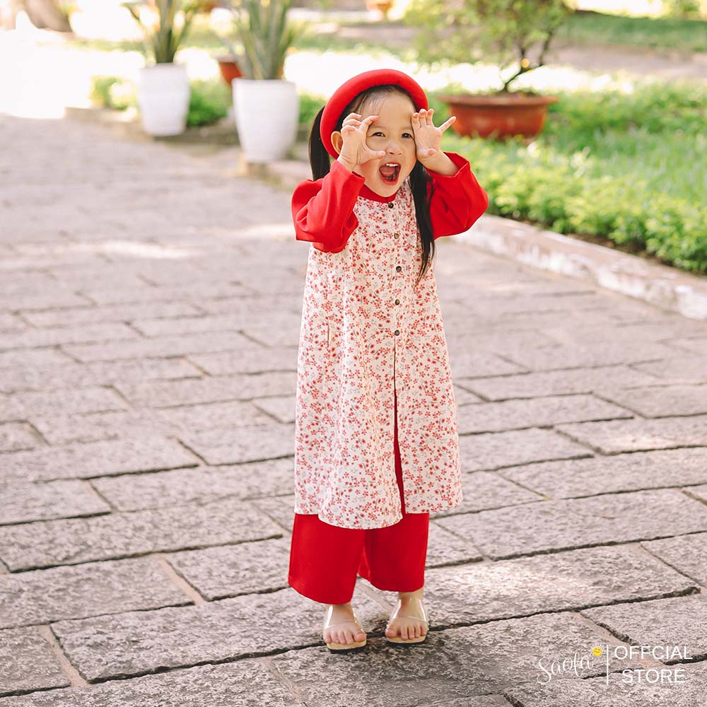 [Tặng Kèm Mấn] Áo Dài Tết Cách Tân Cho Bé Gái Hoạ Tiết Hoa Nhí  - Áo Dài &quot;Ý&quot; -  AD003 - SAOLA KIDS CLOTHING