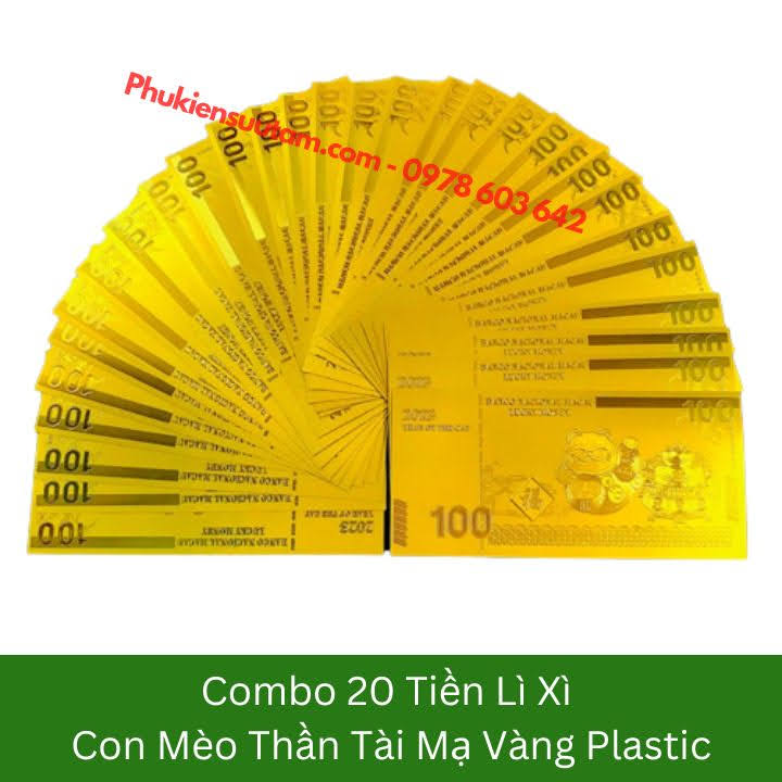 Combo 20 Tờ Lì Xì Con Mèo Thần Tài Mạ Vàng Plastic, kích thước: 15.5cmx7.5cm, màu vàng - SP005906