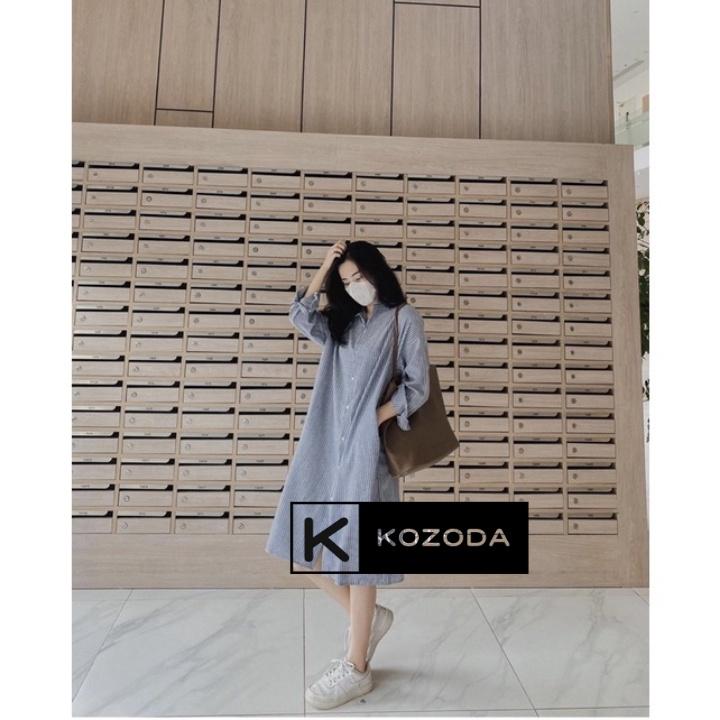 Váy sơ mi nữ dáng suông kẻ sọc dài tay kèm đai hai màu đen xanh phong cách Hàn Quốc mùa thu Kozoda D26