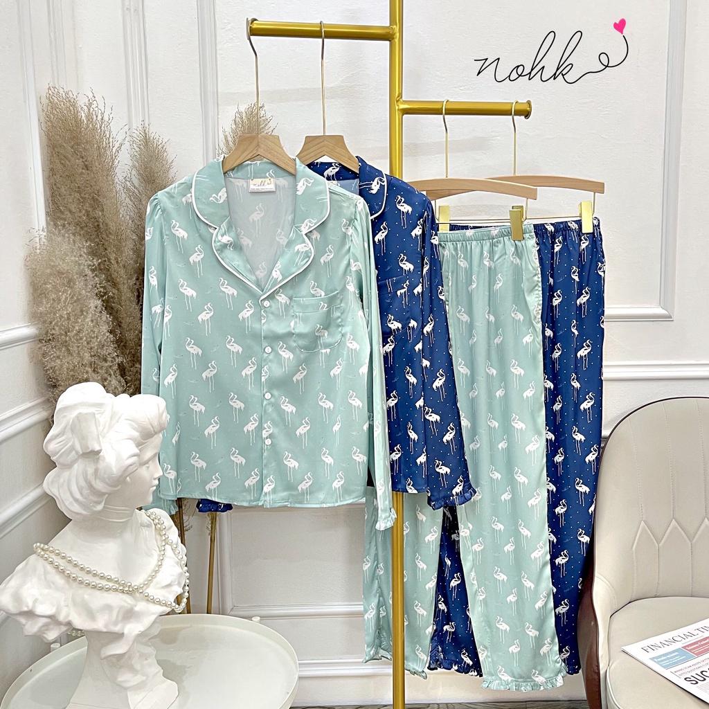 Đồ ngủ pijama lụa giấy cao cấp dài tay - hoạ tiết hạc