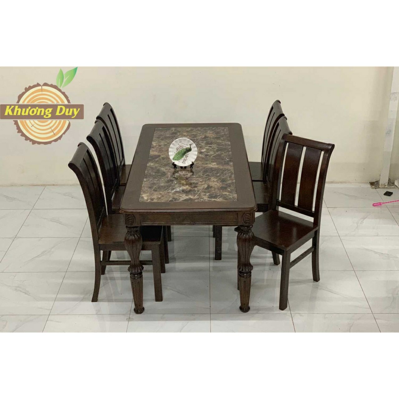 Bộ Bàn Ăn Mặt Đá 6 Ghế 2 Lá Ngang gỗ sồi