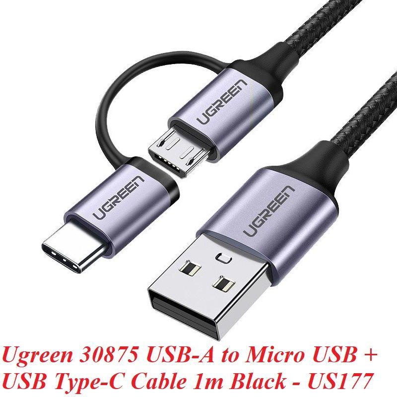 Ugreen UG30875US177TK 1m cáp USB A ra Micro + Type C màu đen dây bện dù đầu bọc nhôm - HÀNG CHÍNH HÃNG