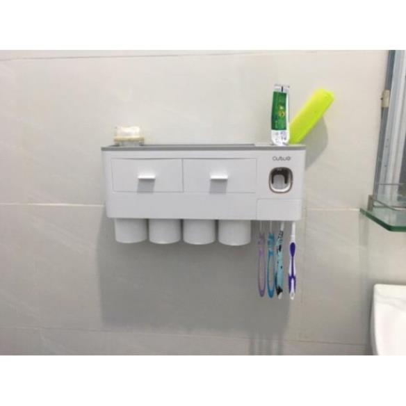 Giá để bàn chải kem đánh răng tặng kèm 4 cốc-Bộ Nhả Kem Đánh Răng Tự Động Thông Minh- Kệ Dán Tường
