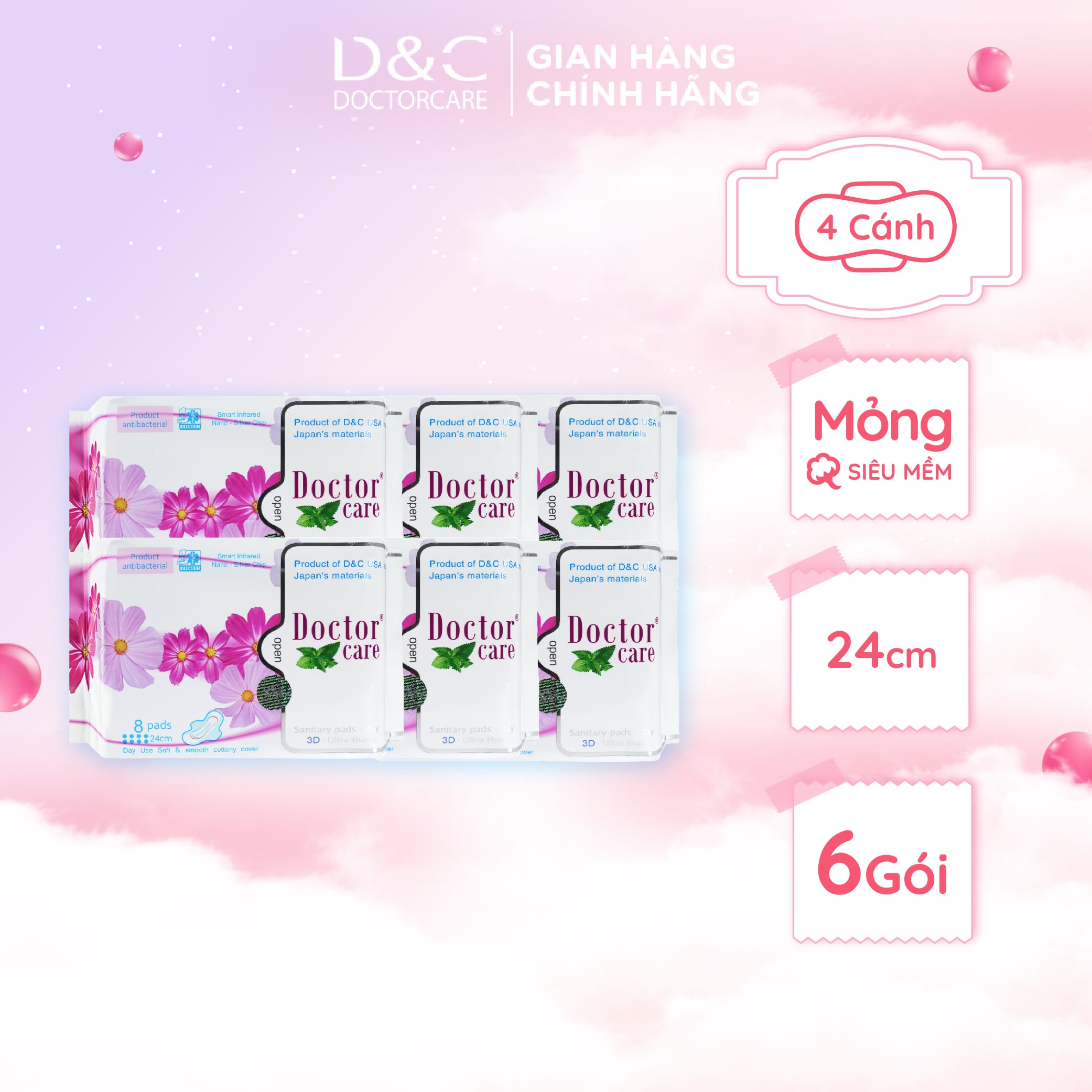 Combo 6 Băng vệ sinh thảo dược Doctor Care, BVS ban ngày 24cm siêu khô thoáng cả ngày dài