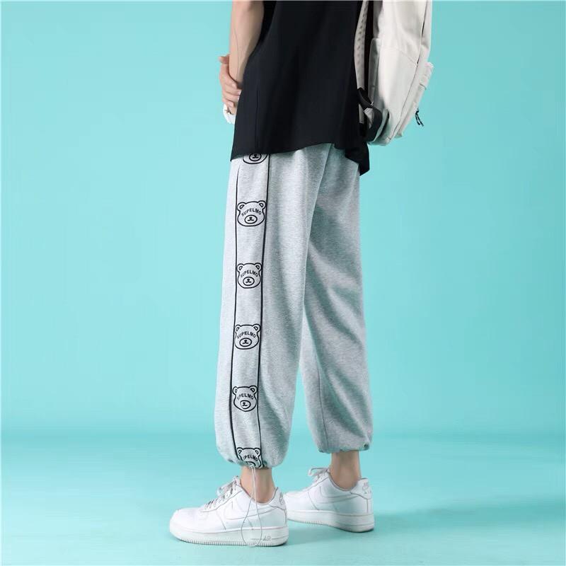 Quần JOGGER Thể Thao Unisex Nam Nữ HIPHOP Ống Rộng Bo Gấu Rút Dây In Hình GẤU Ulzzang