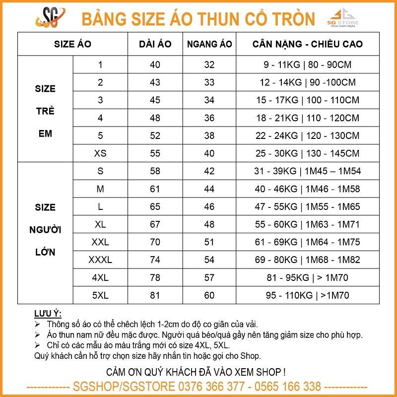 Áo Thun Nam Nữ - Thun Cotton - Đủ size SGS117