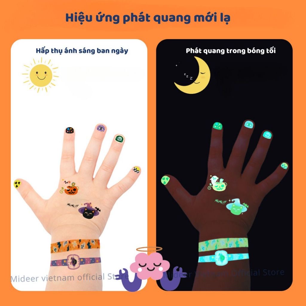 Đồ chơi Halloween - Hình xăm, hình nail dán móng tay phát quang cho bé Mideer - Halloween Dress Up Sticker Pack
