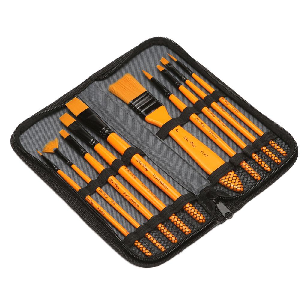 10 Wooden Handle Paint Brushes Artist Brushes Flat Brushes Oil Paint Brushes Brush Set with Zipper Storage Case Watercolor Painting Art Supplies