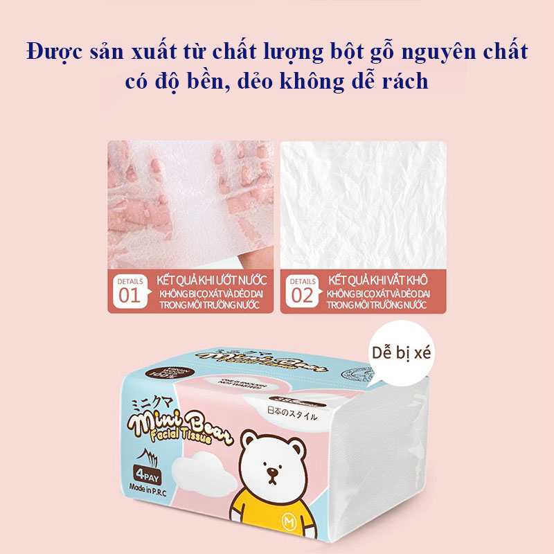 Khăn giấy khô đa năng cho bé, Khăn giấy rút Mini Bear 4 lớp mềm mại an toàn cho bé yêu (300 tờ) – KH008