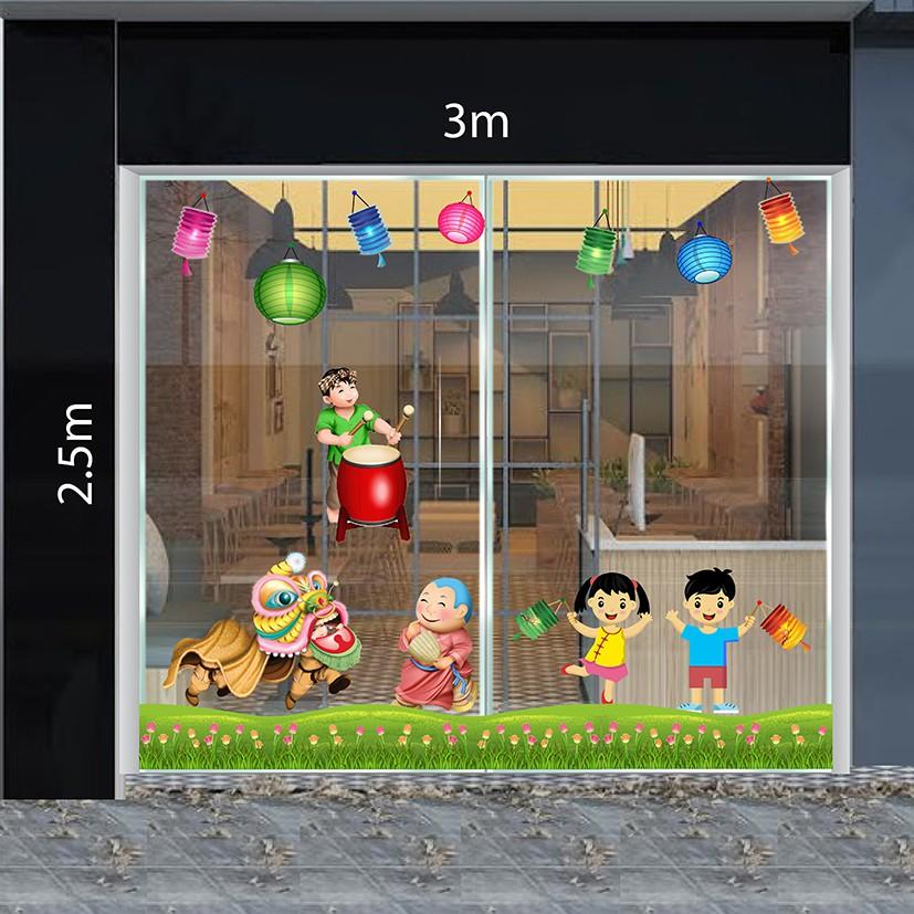 Decal trang trí trung thu 2023 combo bé đón Tết Trung Thu cùng lân sư