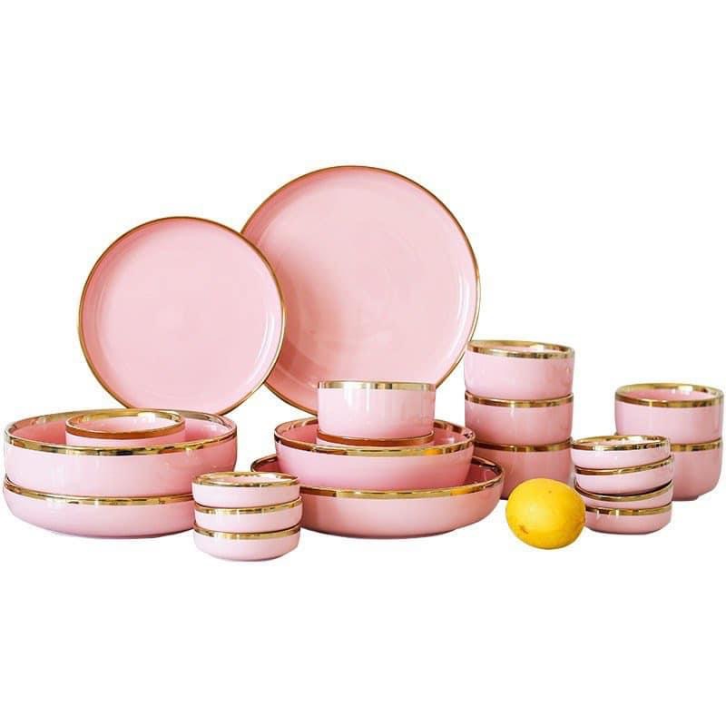Bộ bát đĩa gốm sứ cao cấp màu hồng viền vàng sang chảnh